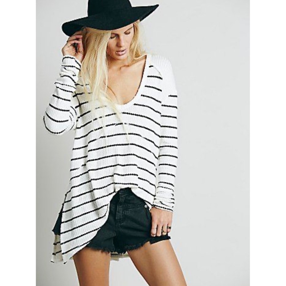 Free‎ People Sunset Park Oversized Thermal Tunic Black/White Striped Size L Boho